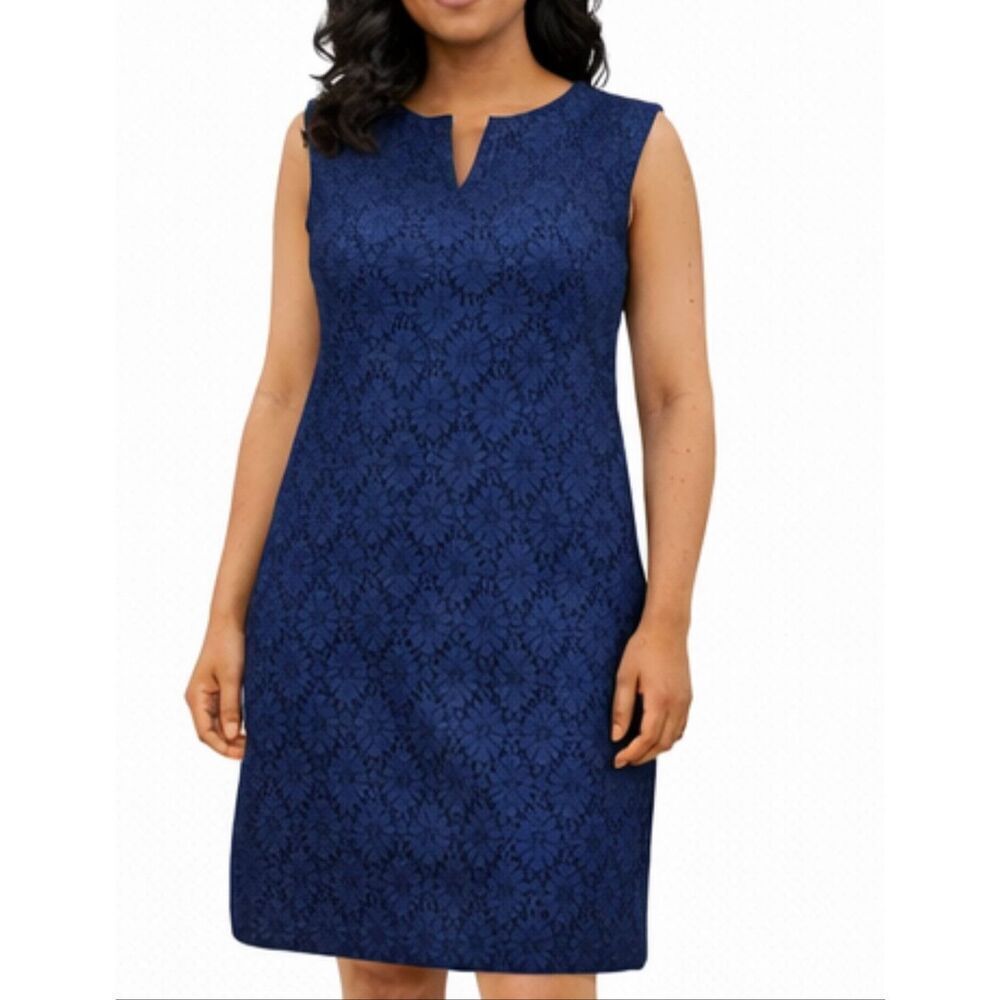 Hatley navy blue eyelet notch neck shift dress size 8